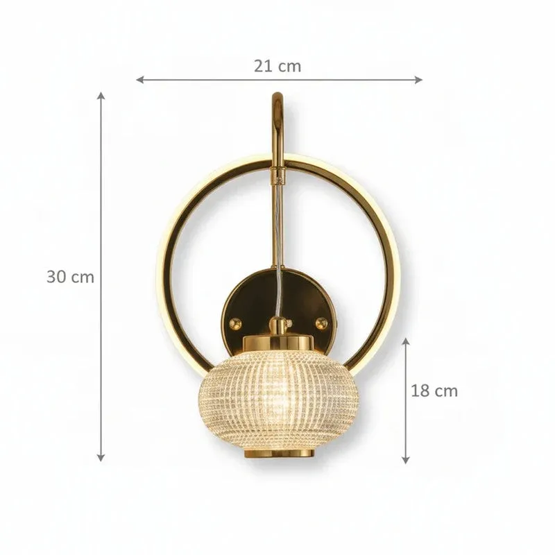 Front view of the gold ring wall lamp with crystal globe on a white background.