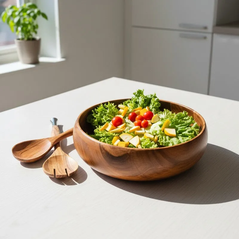 Elowen Wood Salad Bowl with Serving Spoons (1750 Ml) - Three Piece Set media 1