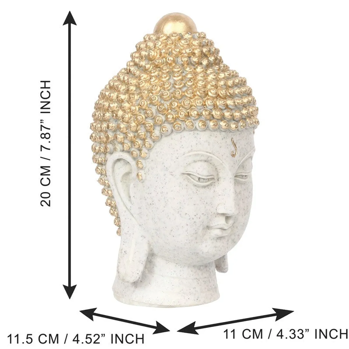 White and gold Buddha head idol shown with dimension arrows