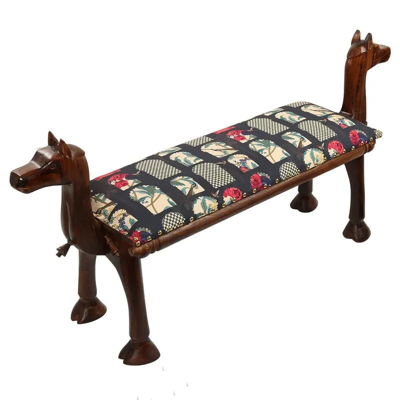 India Circus Acacia Wood Windows Animal Wooden Bench media 3