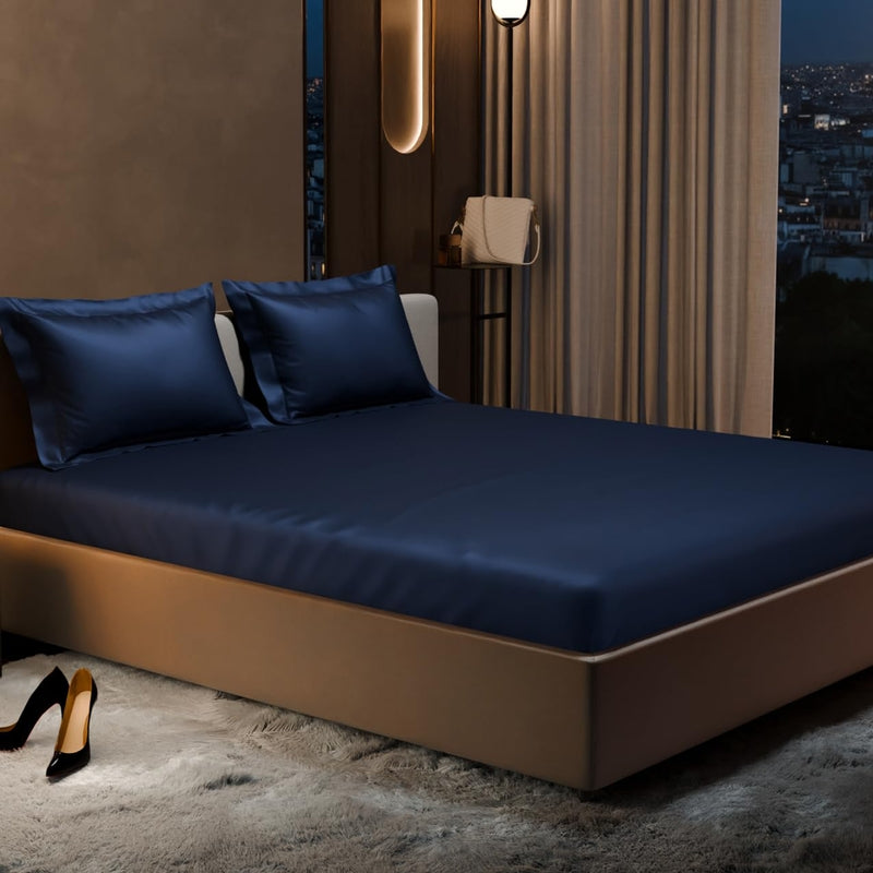 Purelle Satin Fitted Bedsheets (Blue) - 150 GSM