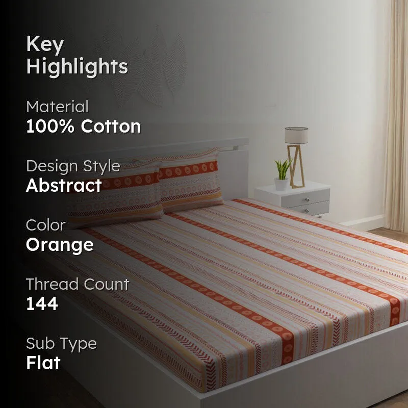 Florelle Strips Cotton Bedsheet (Orange) - 144 TC media 2