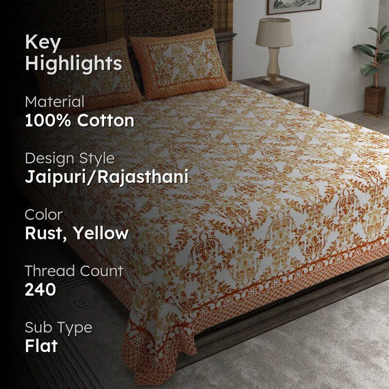 Grida Cotton Bedsheet (Rust,Yellow) - 240 TC media 2
