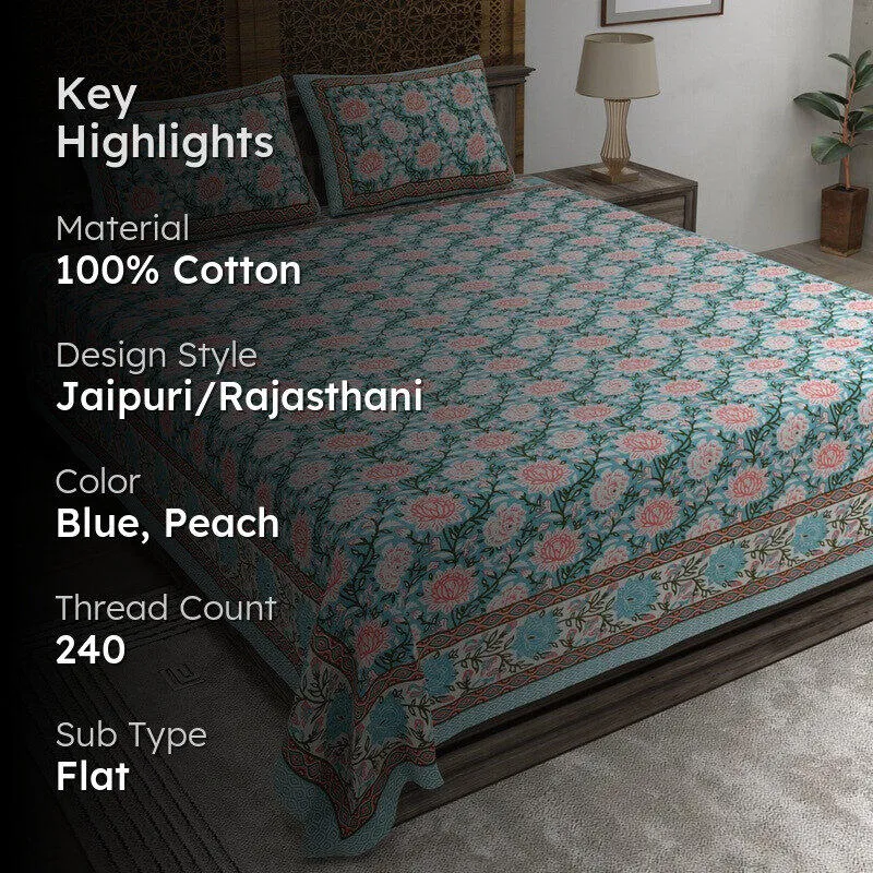 Bloomo Cotton Bedsheet (Blue,Peach) - 240 TC media 2