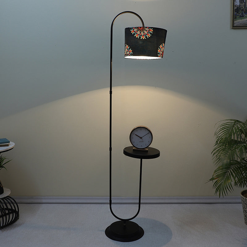 Toile Printed Arched Metal Floor Lamp With Shelf