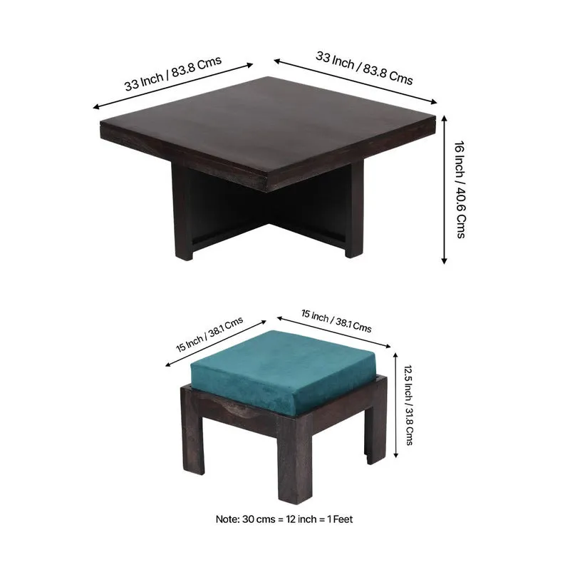 Evrino Sheesham Wooden Center Table with Stools and Cushions (Deep Brown,Blue) - Nine Piece Set media 12