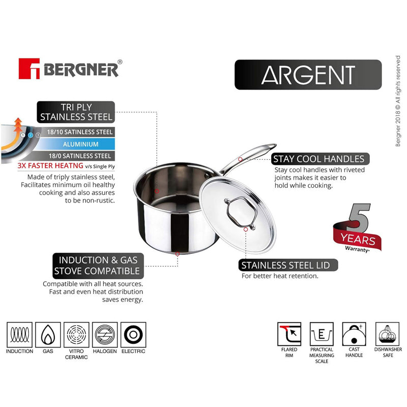 Bergner Argent Triply Kadhai With Lid - 1500 mL media 4