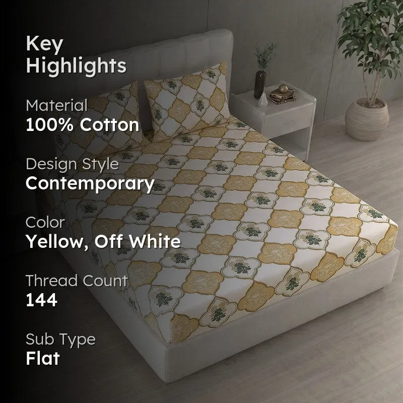 Cozora Printed Pure Cotton Bedsheet (Yellow,Off White) - 144 TC - 2