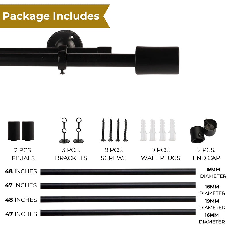 Sleekera Duo Extendable 1" Double Curtain Rod With Abstract Finial & Brackets (Black) media 5