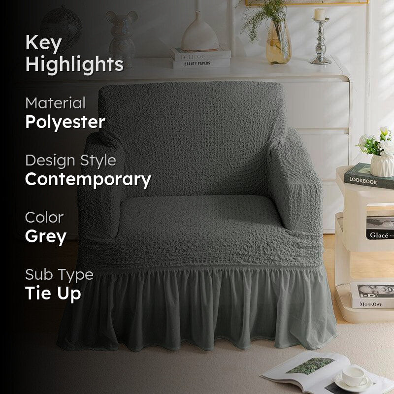 Refined Ruffles Solid Sofa Cover (Grey) - Single Seater media 2