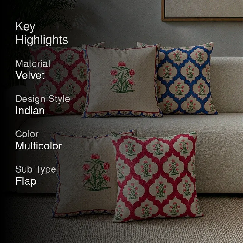 India Circus Poppy Portal Printed Velvet Cushion Cover - Set Of Five media 2