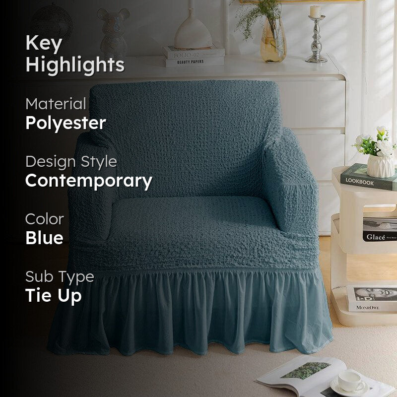 Refined Ruffles Solid Sofa Cover (Blue) - Single Seater media 2