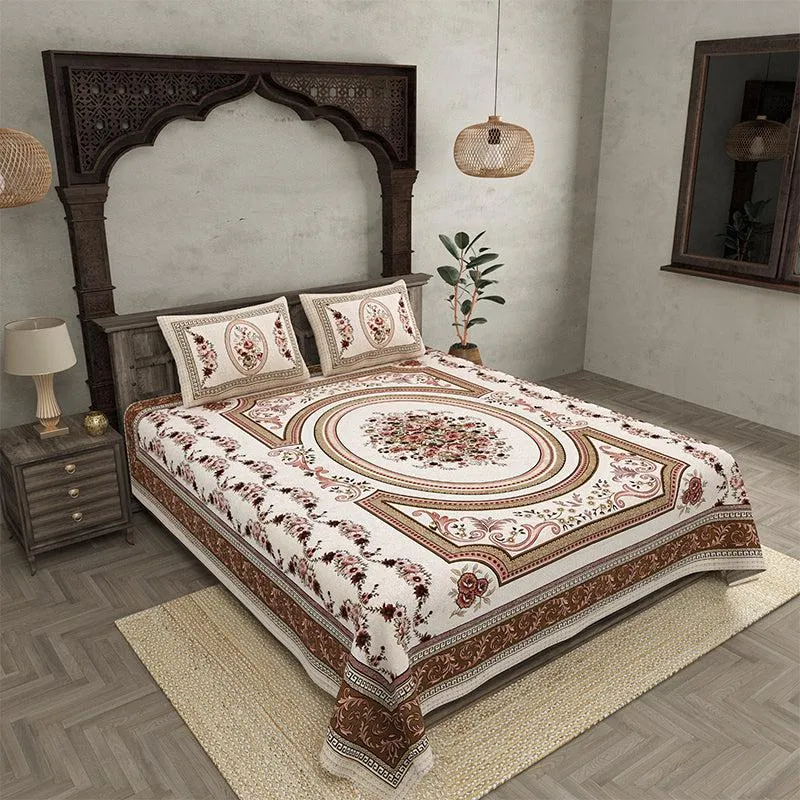 Pusthi Ethnic Cotton Bedsheet (Brown) - 240 TC media 1