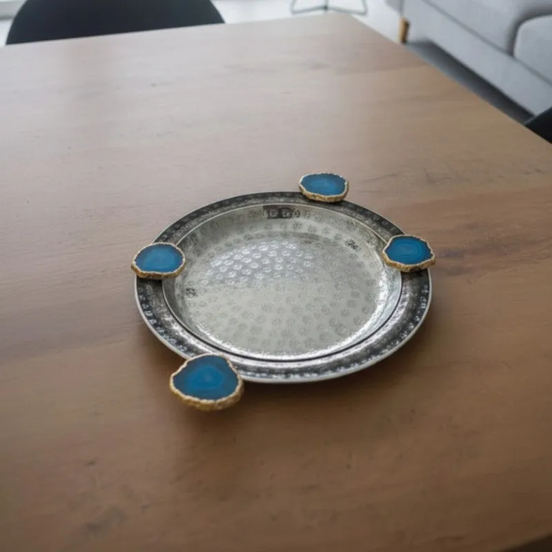 Samitha (Aluminum,Agate) Platter With Agate Decoration (Blue) - Set of Two media 7