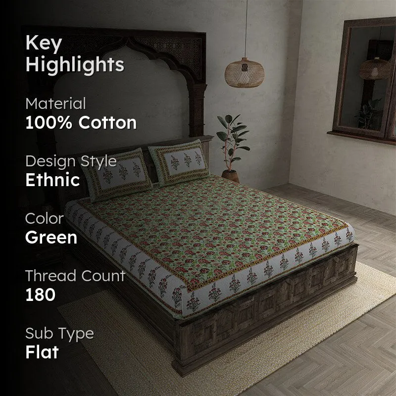 Mahate Ethnic Cotton Bedsheet (Green) - 180 TC media 2