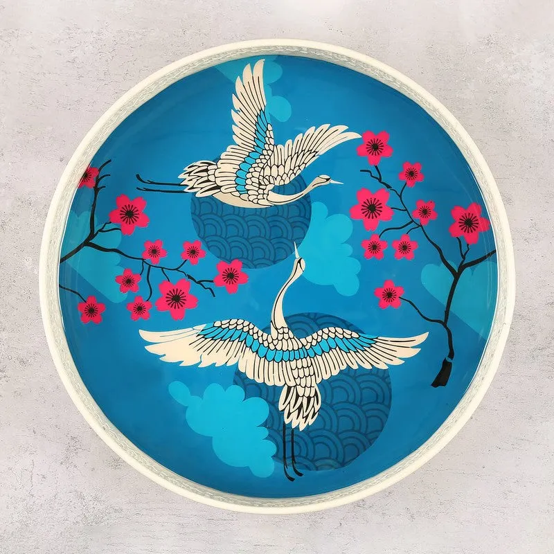 India Circus Cranebloom Blue & White Round Galvanized Iron Serving Tray media 3