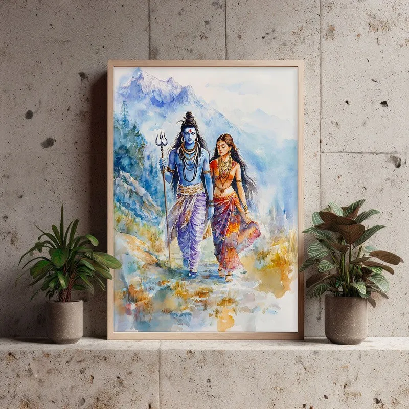 Gangadhara Parvati Spiritual Archival Paper Wall Painting - Natural Brown Frame media 3