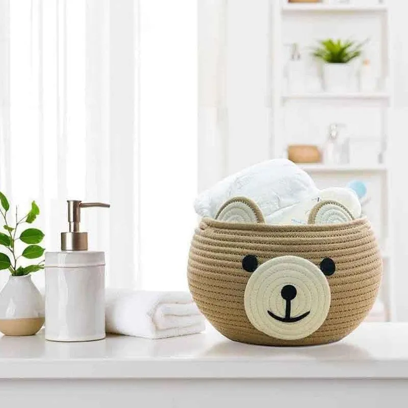 Happy Bear Multipurpose Cotton Storage Basket- Beige media 1