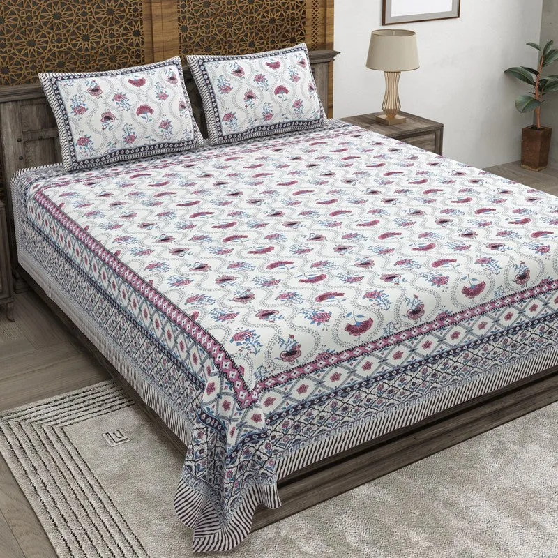 Blossomza Cotton Bedsheet (White,Purple) - 240 TC media 1
