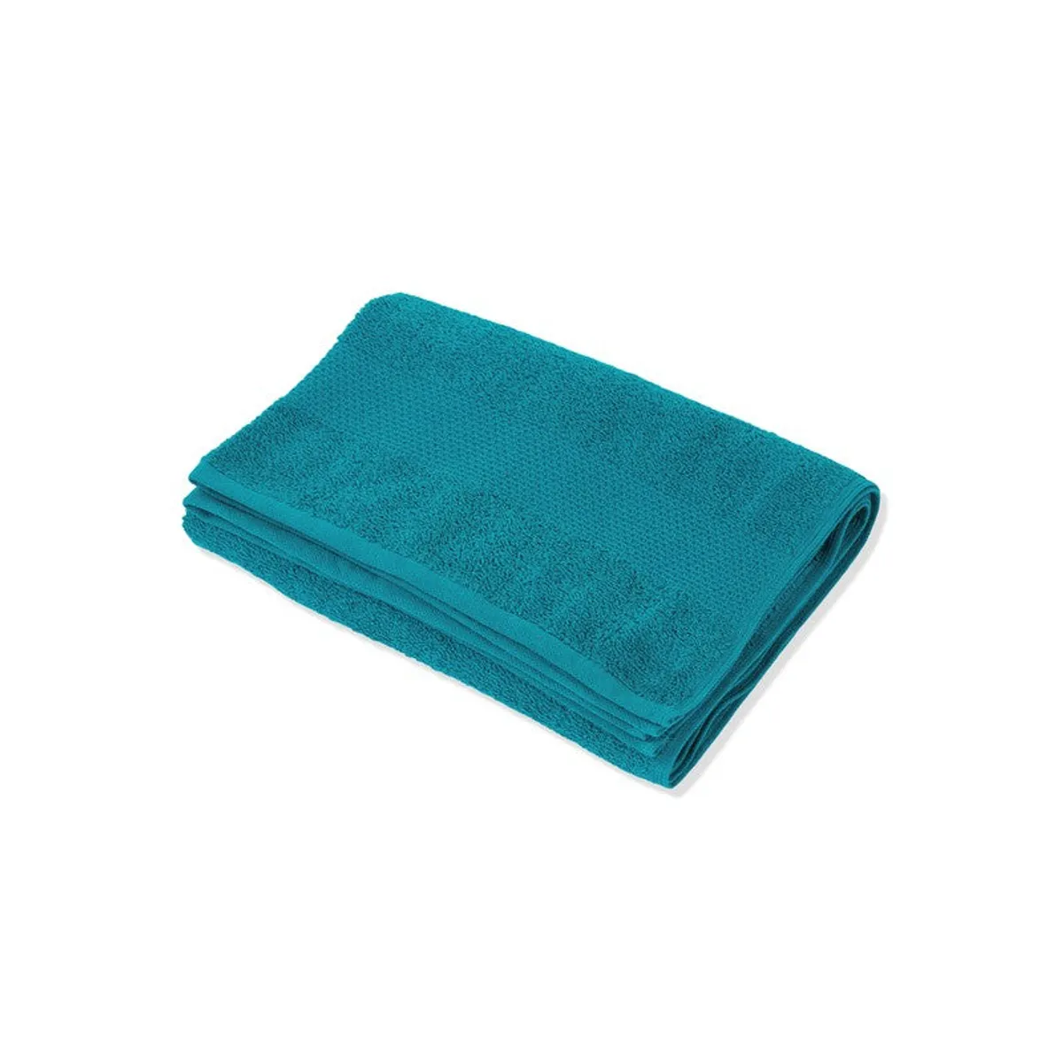 Folded teal bath towel shown against a white background