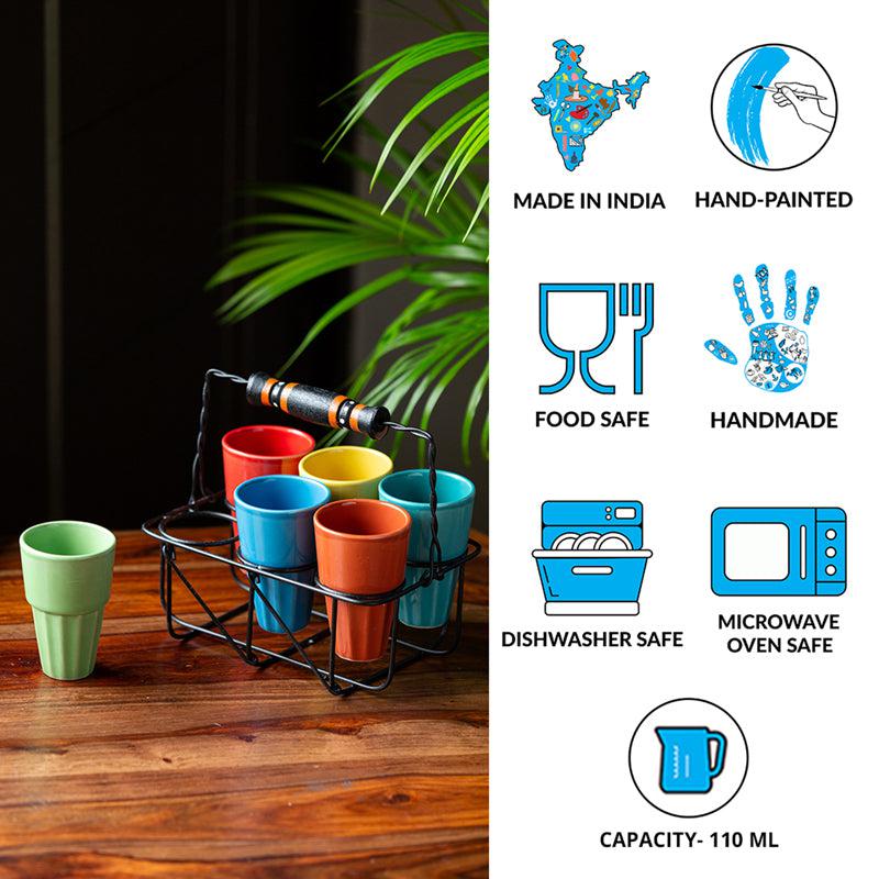 Mitti Rang Ceramic Cutting Chai Glass With Holder (110 ML Each) - Seven Piece Set image 5
