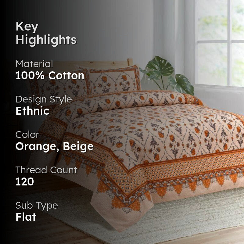 Mughal Jaali Printed Cotton Bedsheet (Orange,Beige) - 120 TC media 2