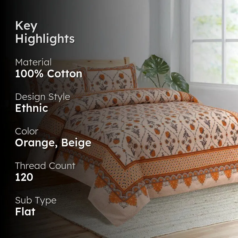 Mughal Jaali Printed Cotton Bedsheet (Orange,Beige) - 120 TC media 2