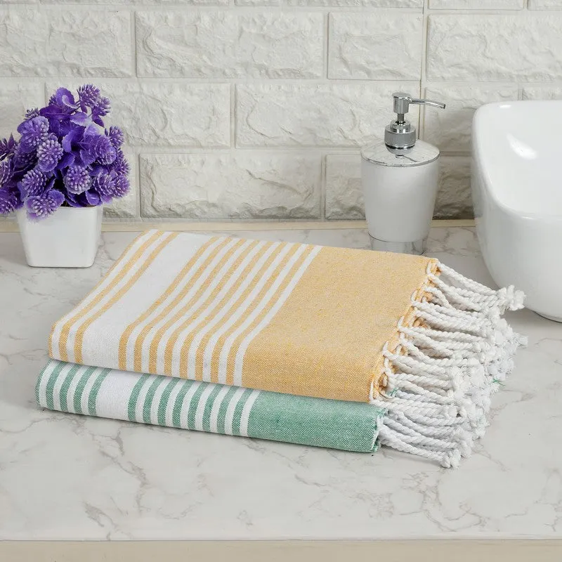 Loomera Striped Cotton Bath Towels (Yellow & Green) - Set Of Two media 1