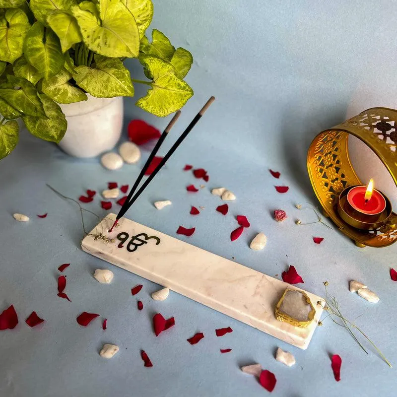 In Onkar Marble Incense Holder With Agate Plating - White media 3