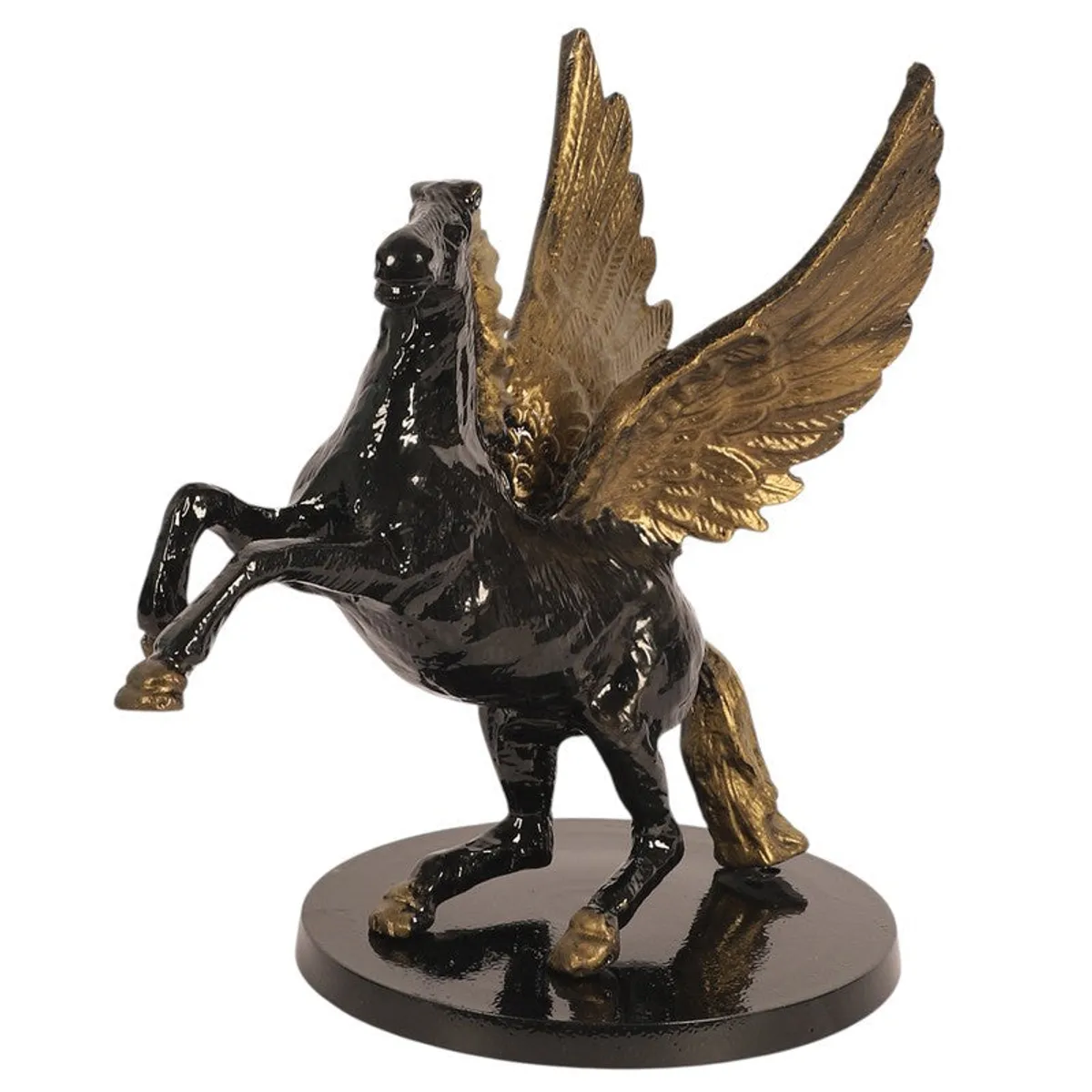 Angled view of a black winged horse showpiece with textured gold wings