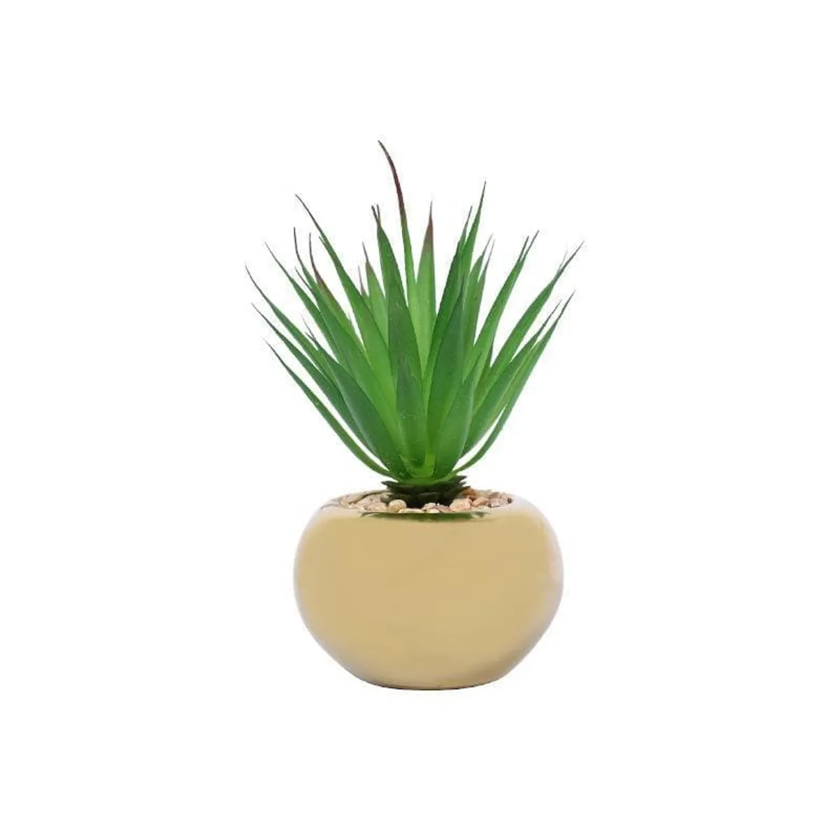 Green faux agave plant in a rounded gold ceramic pot