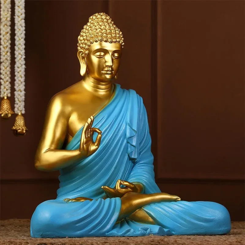 Angled view of seated Buddha showpiece in blue and gold finish