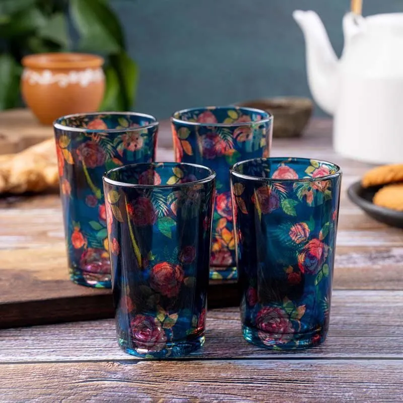 Misty Morning Roses Blue Chai Glass - Set of Four media 1