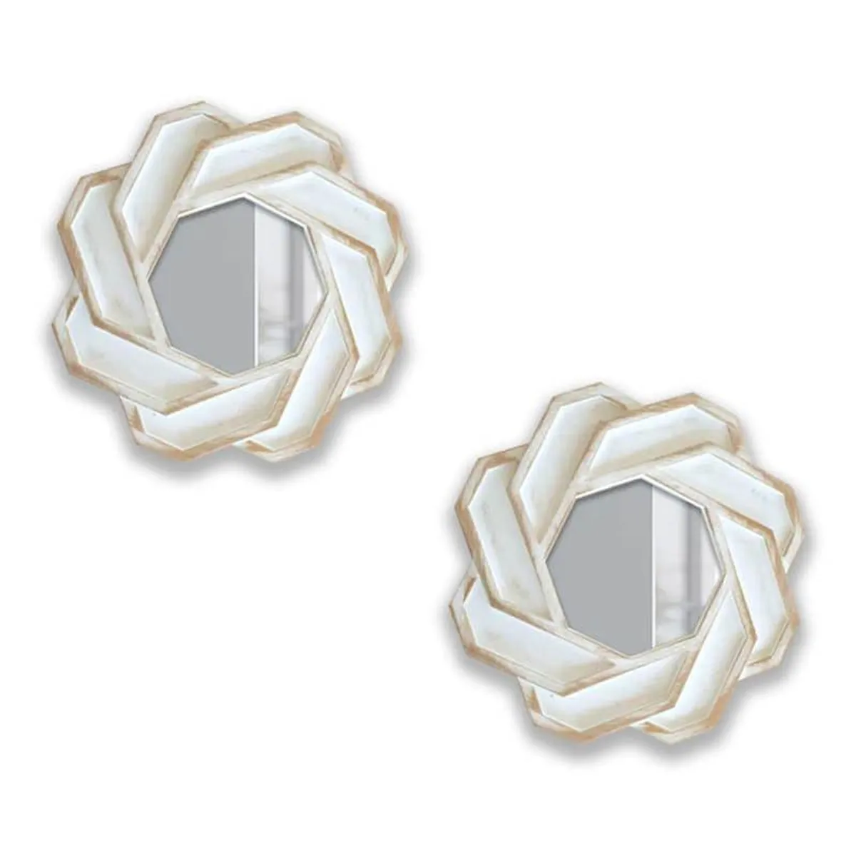 Two white layered geometric decorative mirrors on a plain background