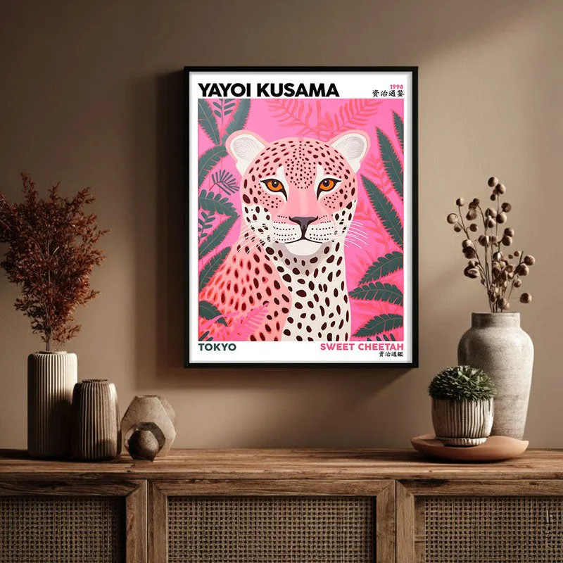 Sweet Cheetah Inspired by Yayoi Kusama Archival Canvas Wall Art - Black Frame media 3