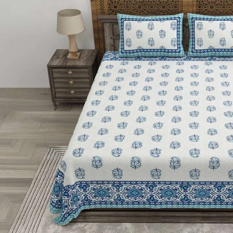 Bloomly Cotton Bedsheet (Off White,Blue) - 240 TC media 3