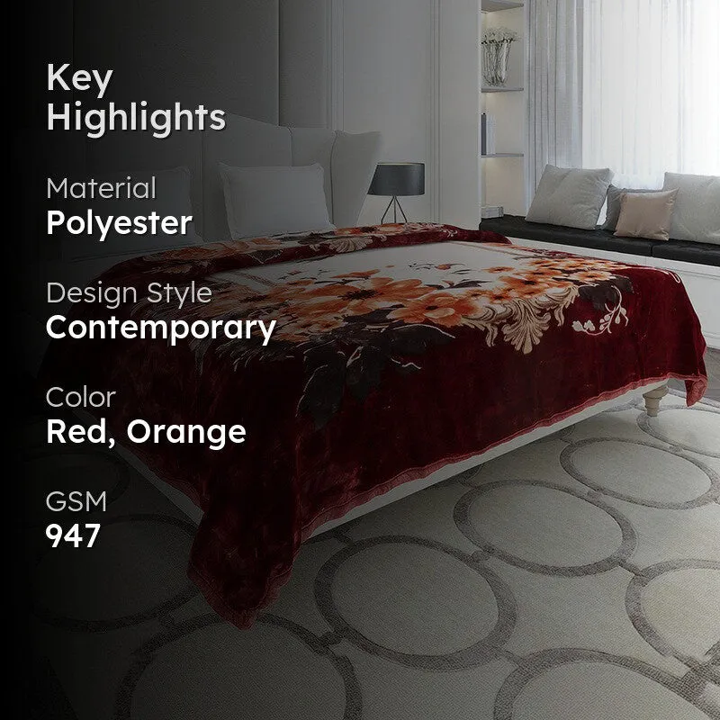 Bedroom styling view of the red and orange floral blanket