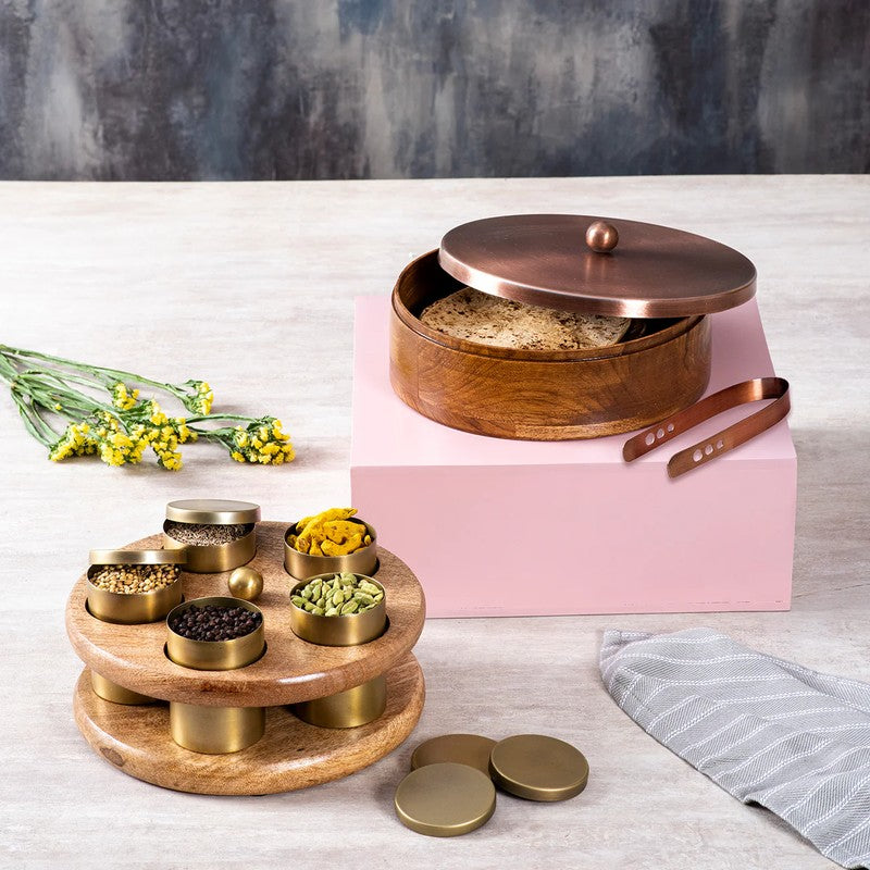 Elantra Teak Wood Round Masala Box - Three Piece Set - 50 ML