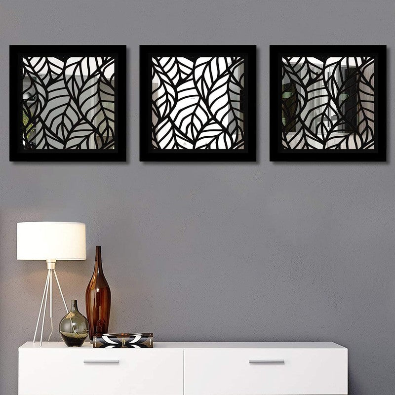 Opularch Wall Mirror With Wooden Frame (Black) - Set Of Three