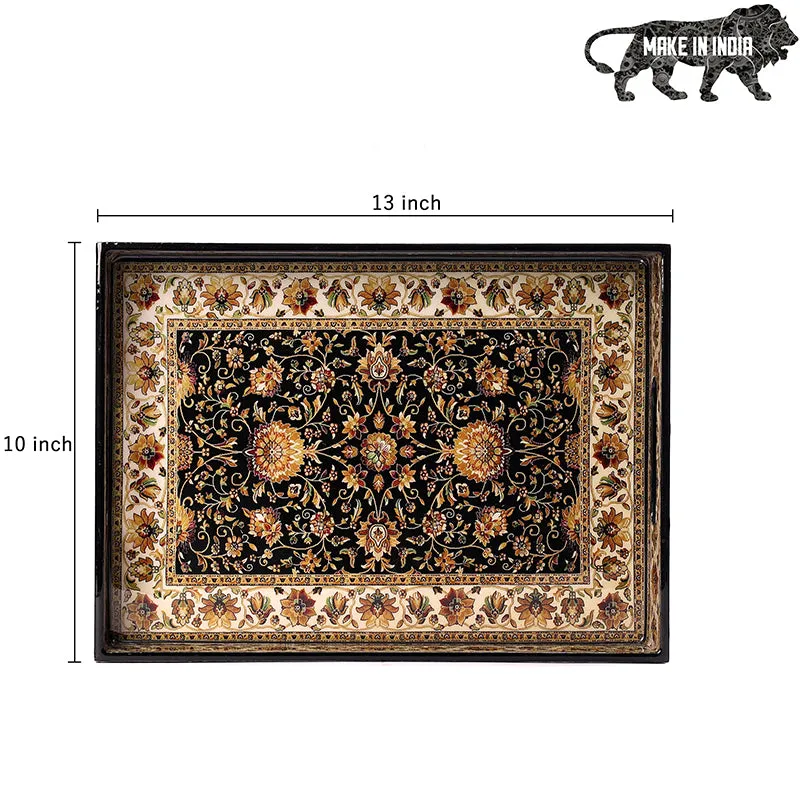 Top view showing the rectangular tray with black floral centre and border