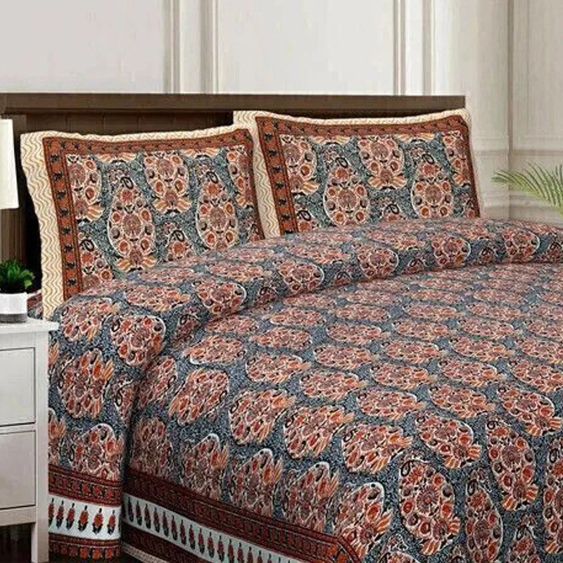 Floray Cotton Bedsheet (Blue,Brown) - 240 TC media 4