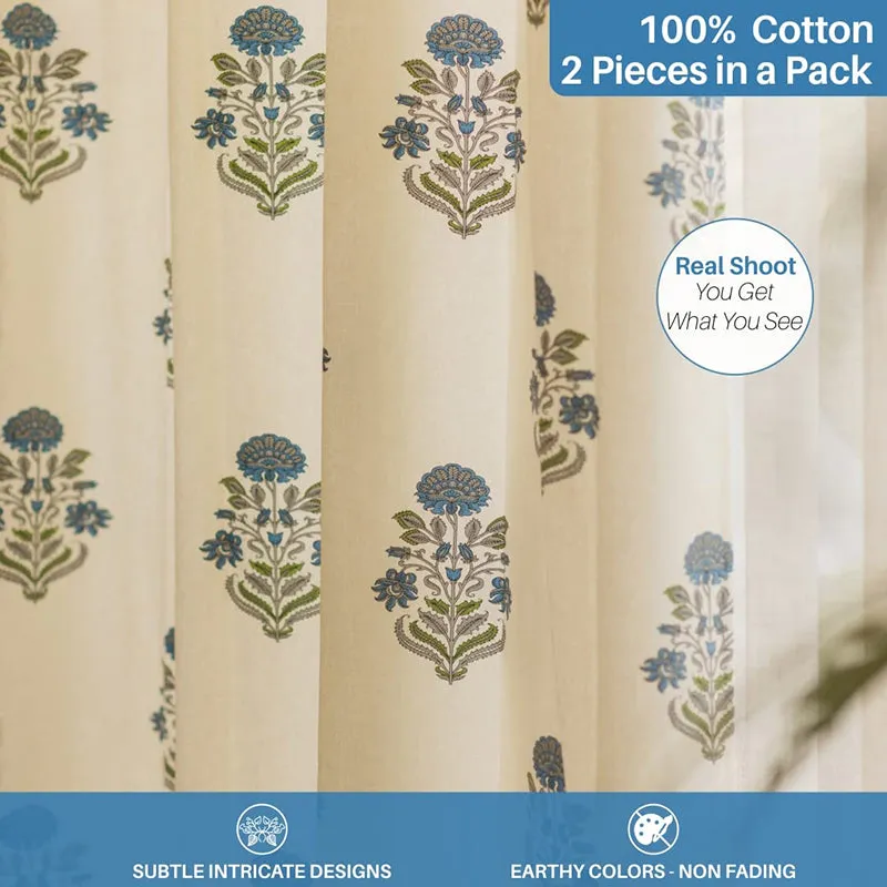 Blue floral liberty curtain set of two eyelet header detail