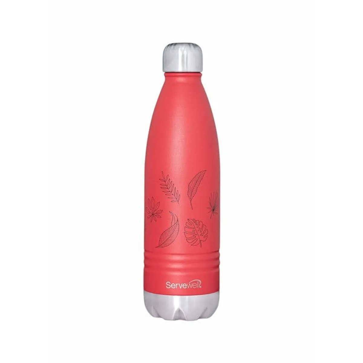 Full view of a red leafy thermos bottle with a silver cap and base