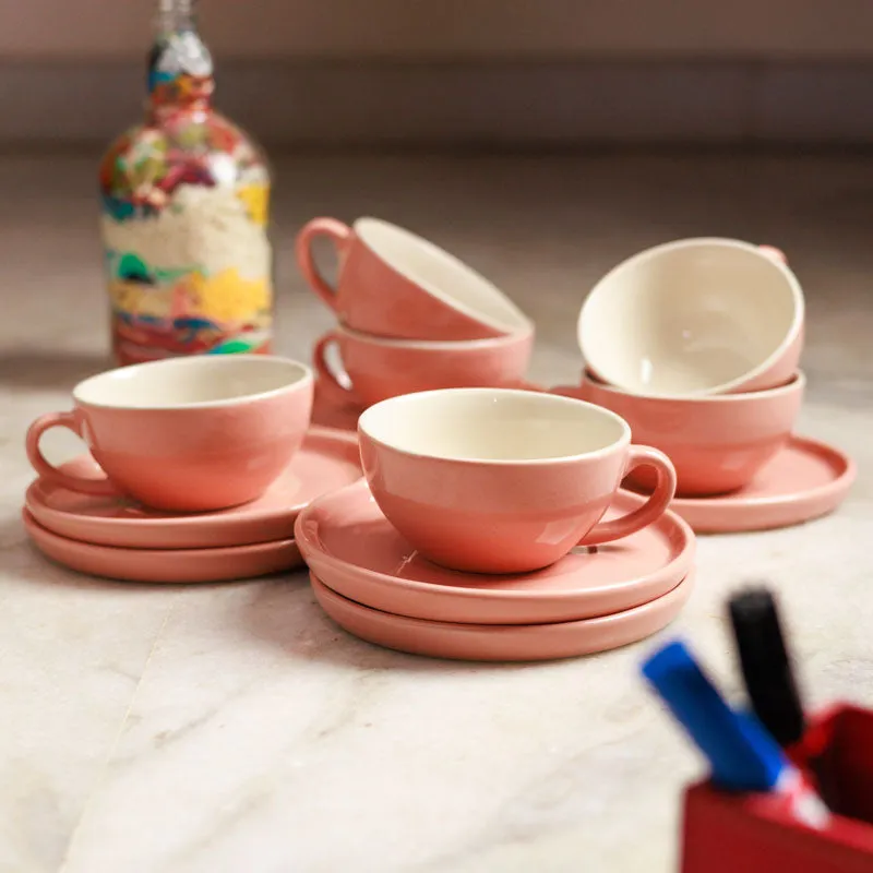 Blush & Brew Cup & Saucer (Pink/240 mL Each) - Set of Six - 6