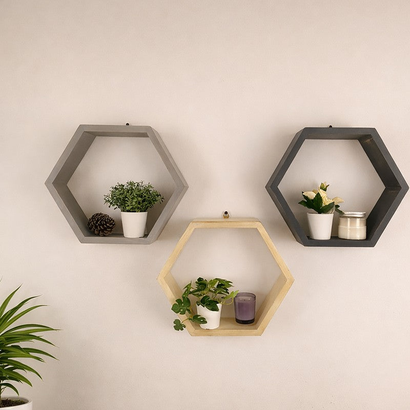 Loftia III Hexagonal Shaped Wooden Wall Shelves - Set of 3