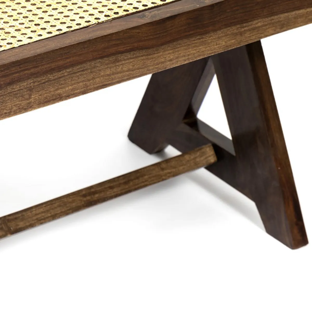 Close-up of wooden bench leg and lower support bar