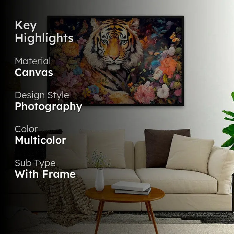 Tiger In Bloom Canvas Wall Painting With Frame - Black media 2