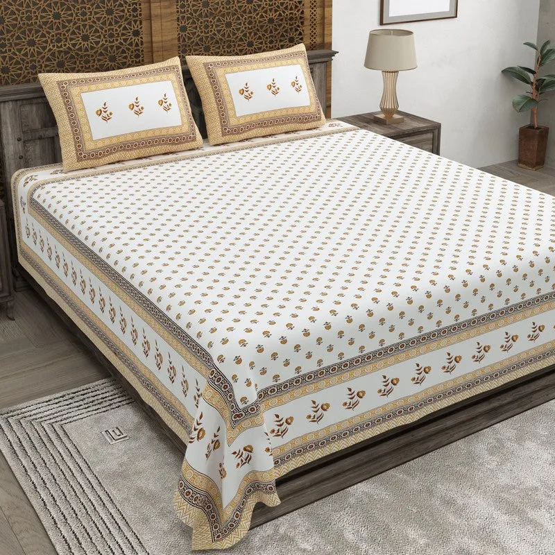 Gardenva Cotton Bedsheet (White,Beige) - 240 TC media 1
