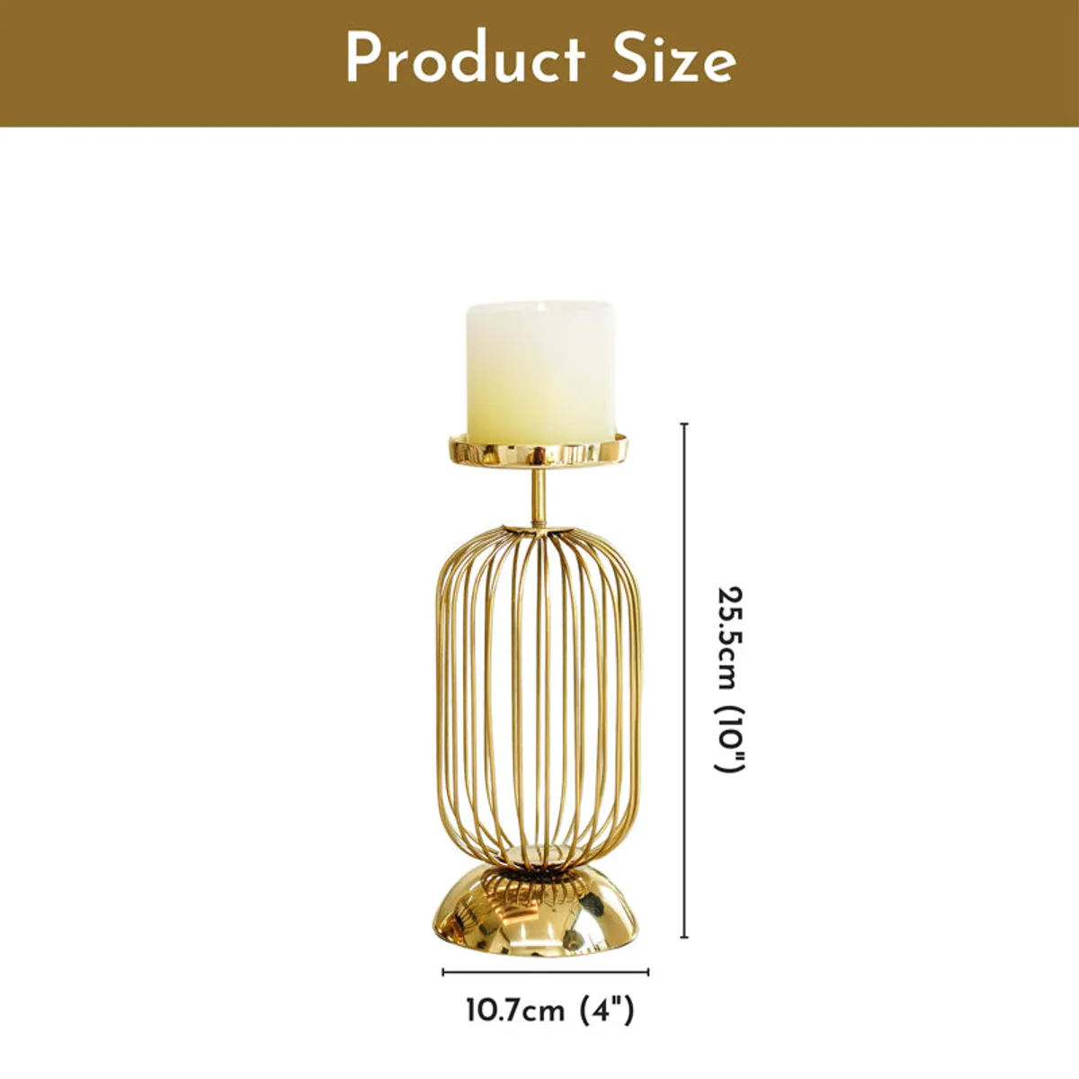Gold wire candle holder with close-up views of its metal finish