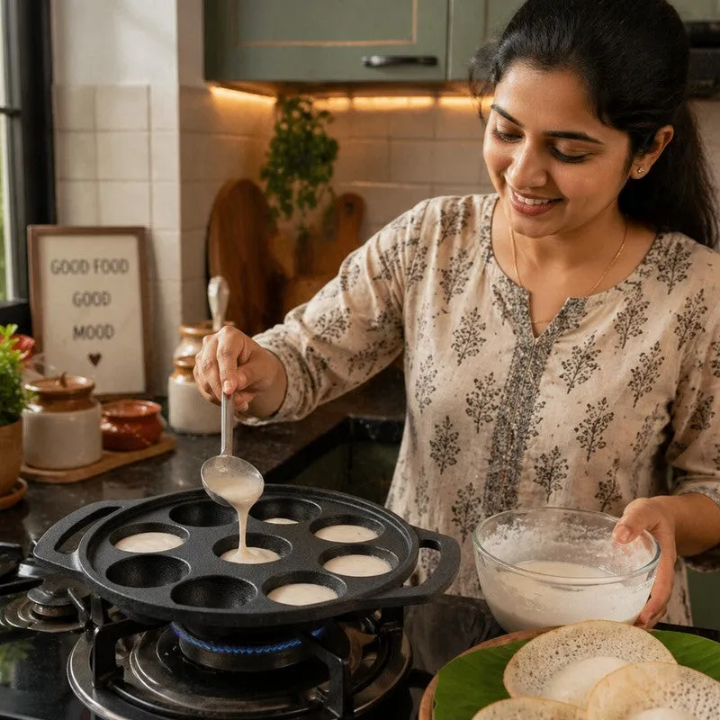 Round Ease Cast Iron Non-Stick Paniyaram & Appam Pan - Black media 8